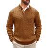 imageRuncati Mens Cable Knitted Pullover Sweater Casual Stand Collar Winter Warm Quarter Button SweatersBrown