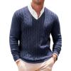imageRuncati Mens V Neck Sweater Cable Knit Long Sleeve Casual Ribbed Twisted Pullover SweatersNavy Blue