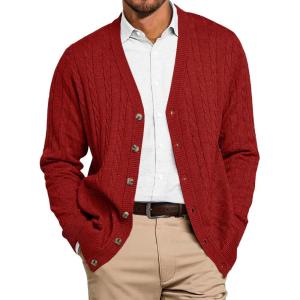 imageRuncati Mens Cable Knit Cardigan Sweater V Neck Casual Button Down Sweaters Long Sleeve Fall Outwear with PocketsBurgundy