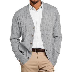 imageRuncati Mens Cable Knit Cardigan Sweater V Neck Casual Button Down Sweaters Long Sleeve Fall Outwear with PocketsGrey