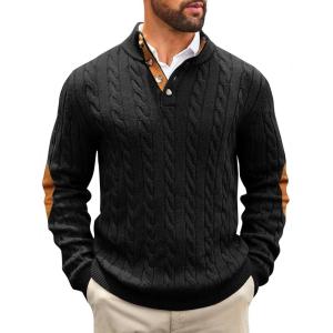 imageRuncati Mens Cable Knitted Pullover Sweater Casual Stand Collar Winter Warm Quarter Button SweatersBlack