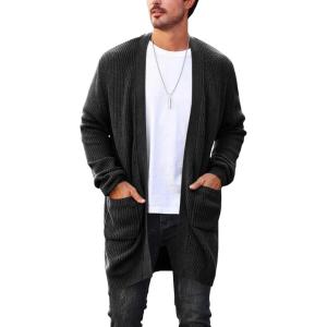 imageRuncati Mens Cardigan Sweater Casual Cable Knit V Neck Open Front Ribbed Long Winter SweatersBlack