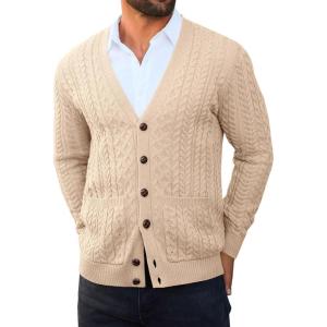 imageRuncati Mens Cardigan Sweater Casual Cable Knitted V Neck Button Down Winter SweatersApricot