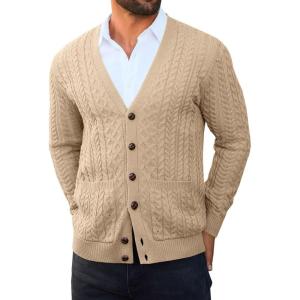 imageRuncati Mens Cardigan Sweater Casual Cable Knitted V Neck Button Down Winter SweatersLight Khaki