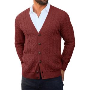 imageRuncati Mens Cardigan Sweater Casual Cable Knitted V Neck Button Down Winter SweatersWine Red