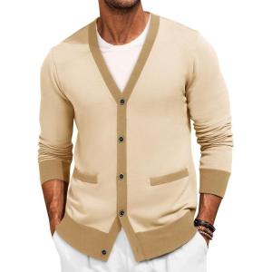 imageRuncati Mens Cardigan Sweater Long Sleeve V Neck Cardigan Casul Button Down Knitted Sweaters with PocketsApricot