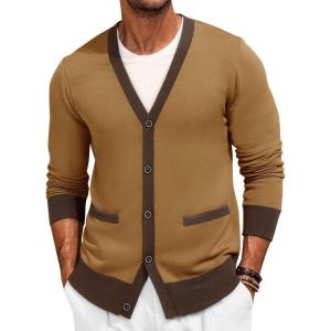 imageRuncati Mens Cardigan Sweater Long Sleeve V Neck Cardigan Casul Button Down Knitted Sweaters with PocketsCamel