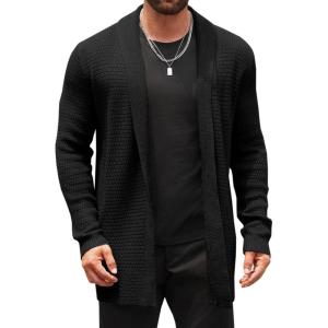 imageRuncati Mens Cardigan Sweater Shawl Collar Cable Knit Cardiagn Long Winter Open Front Sweaters with PocketsBlack