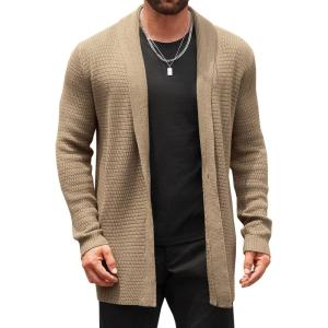 imageRuncati Mens Cardigan Sweater Shawl Collar Cable Knit Cardiagn Long Winter Open Front Sweaters with PocketsKhaki