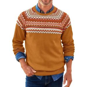 imageRuncati Mens Crew Neck Sweater Casual Fair Isle Knit Pullover Long Sleeve Fall Winter Chunky SweatersBrown