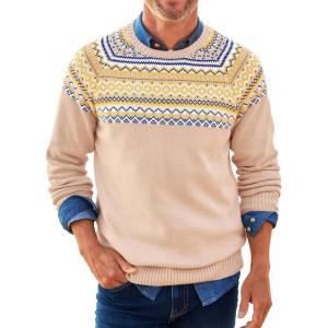 imageRuncati Mens Crew Neck Sweater Casual Fair Isle Knit Pullover Long Sleeve Fall Winter Chunky SweatersKhaki