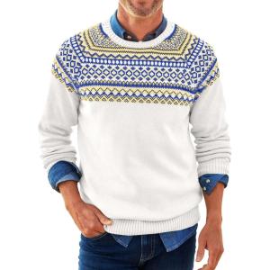 imageRuncati Mens Crew Neck Sweater Casual Fair Isle Knit Pullover Long Sleeve Fall Winter Chunky SweatersWhite