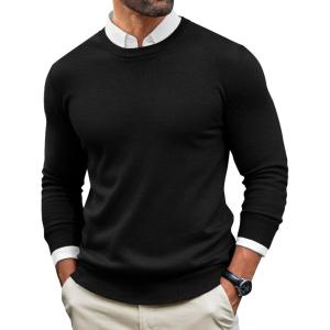 imageRuncati Mens Crewneck Sweaters Casual Knit Lightweight Dress Sweater Long Sleeve Slim Fit Fall Winter PulloverBlack