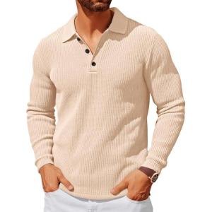 imageRuncati Mens Polo Sweater V Neck Long Sleeve Knit Polos Ribbed Casual Dress Pullover SweatersBeige
