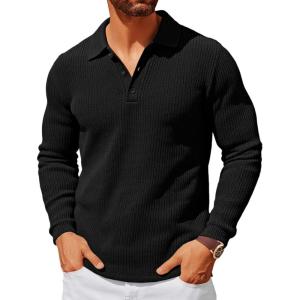 imageRuncati Mens Polo Sweater V Neck Long Sleeve Knit Polos Ribbed Casual Dress Pullover SweatersBlack