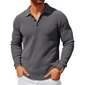 imageRuncati Mens Polo Sweater V Neck Long Sleeve Knit Polos Ribbed Casual Dress Pullover SweatersDark Grey