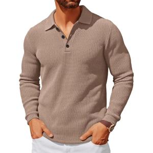 imageRuncati Mens Polo Sweater V Neck Long Sleeve Knit Polos Ribbed Casual Dress Pullover SweatersKhaki