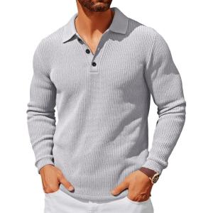 imageRuncati Mens Polo Sweater V Neck Long Sleeve Knit Polos Ribbed Casual Dress Pullover SweatersLight Grey