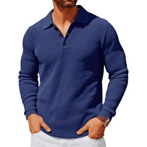 imageRuncati Mens Polo Sweater V Neck Long Sleeve Knit Polos Ribbed Casual Dress Pullover SweatersNavy