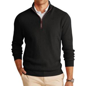 imageRuncati Mens QuarterZip Pullover Sweater Casual Mock Neck Winter Warm Ribbed Polo SweatersBlack