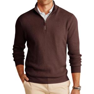 imageRuncati Mens QuarterZip Pullover Sweater Casual Mock Neck Winter Warm Ribbed Polo SweatersCoffee