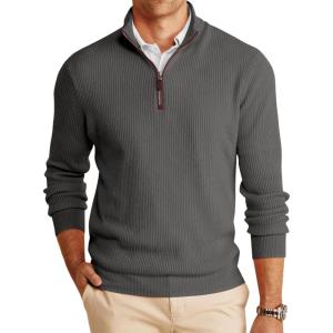 imageRuncati Mens QuarterZip Pullover Sweater Casual Mock Neck Winter Warm Ribbed Polo SweatersDark Gray