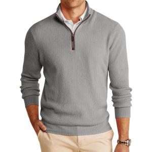 imageRuncati Mens QuarterZip Pullover Sweater Casual Mock Neck Winter Warm Ribbed Polo SweatersGray