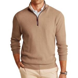 imageRuncati Mens QuarterZip Pullover Sweater Casual Mock Neck Winter Warm Ribbed Polo SweatersKhaki