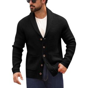 imageRuncati Mens Shawl Collar Cardigan Sweater Button Down Ribbed Knit Sweaters Chunky Casual Cardigan with PocketsBlack