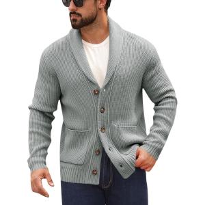 imageRuncati Mens Shawl Collar Cardigan Sweater Button Down Ribbed Knit Sweaters Chunky Casual Cardigan with PocketsGrey