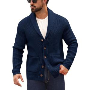 imageRuncati Mens Shawl Collar Cardigan Sweater Button Down Ribbed Knit Sweaters Chunky Casual Cardigan with PocketsNavy