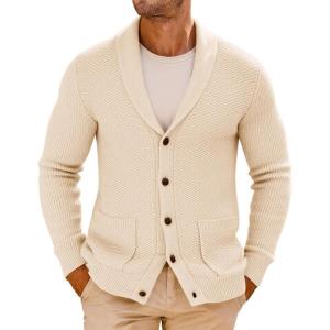 imageRuncati Mens Shawl Collar Cardigan Sweater Button Down Textured Knit Sweaters Casual Chunky Cardigan with PocketsBeige