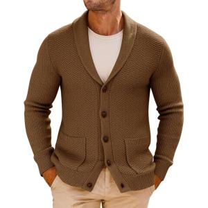 imageRuncati Mens Shawl Collar Cardigan Sweater Button Down Textured Knit Sweaters Casual Chunky Cardigan with PocketsBrown