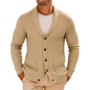 imageRuncati Mens Shawl Collar Cardigan Sweater Button Down Textured Knit Sweaters Casual Chunky Cardigan with PocketsKhaki