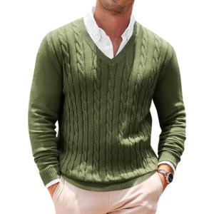 imageRuncati Mens V Neck Sweater Cable Knit Long Sleeve Casual Ribbed Twisted Pullover SweatersArmy Green
