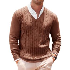 imageRuncati Mens V Neck Sweater Cable Knit Long Sleeve Casual Ribbed Twisted Pullover SweatersCoffee