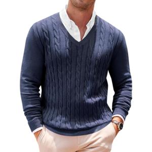imageRuncati Mens V Neck Sweater Cable Knit Long Sleeve Casual Ribbed Twisted Pullover SweatersNavy Blue