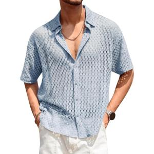 imageRuncati Mens Button Down Shirt Knit Crochet Hollow Out Short Sleeve Sweater Casual Summer TopsLight Blue
