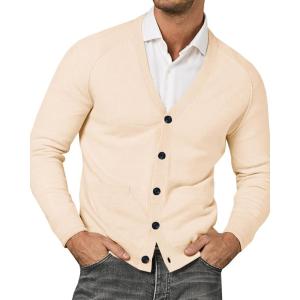 imageRuncati Mens Cardigan Sweaters V Neck Button Down Long Sleeve Casual Cardigan Slim Fit Knit Sweater with PocketsBeige