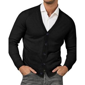 imageRuncati Mens Cardigan Sweaters V Neck Button Down Long Sleeve Casual Cardigan Slim Fit Knit Sweater with PocketsBlack