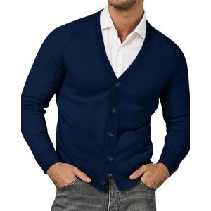 imageRuncati Mens Cardigan Sweaters V Neck Button Down Long Sleeve Casual Cardigan Slim Fit Knit Sweater with PocketsNavy