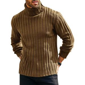 imageRuncati Mens Chunky Turtleneck Sweaters Cable Knitted Casual Slim Fit Fall Winter Warm Pullover SweaterKhaki