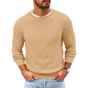 imageRuncati Mens Crewneck Sweater Casual Textured Knitted Thermal Pullover SweatersKhaki