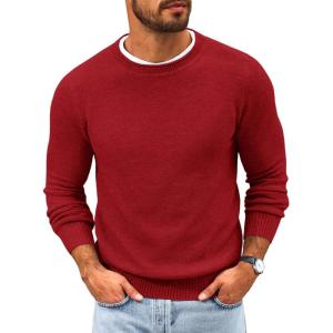 imageRuncati Mens Crewneck Sweater Casual Textured Knitted Thermal Pullover SweatersWine Red