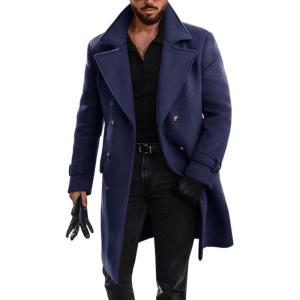 imageRuncati Mens Double Breasted Trench Coat Mid Long Jacket Notched Lapel Winter Chunky Warm OvercoatNavy Blue