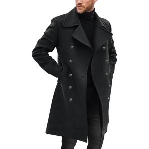 imageRuncati Mens Double Breasted Trench Coat Notch Lapel Peacoat Mid Long Winter Classic OvercoatBlack