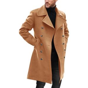 imageRuncati Mens Double Breasted Trench Coat Notch Lapel Peacoat Mid Long Winter Classic OvercoatBrown