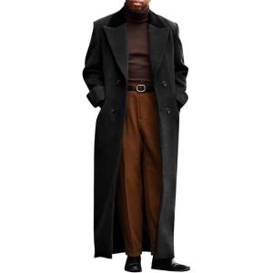imageRuncati Mens Full Length Trench Coat Notched Lapel Long Jacket Double Breasted Classic Winter OvercoatBlack