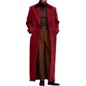 imageRuncati Mens Full Length Trench Coat Notched Lapel Long Jacket Double Breasted Classic Winter OvercoatBurgundy