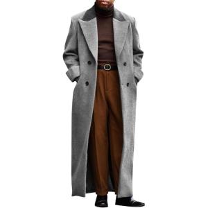 imageRuncati Mens Full Length Trench Coat Notched Lapel Long Jacket Double Breasted Classic Winter OvercoatGrey